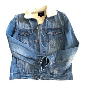 TRIOT LOS ANGELES Blue Denim Trucker Jacket w/ Cream Shearling Collar & Lining